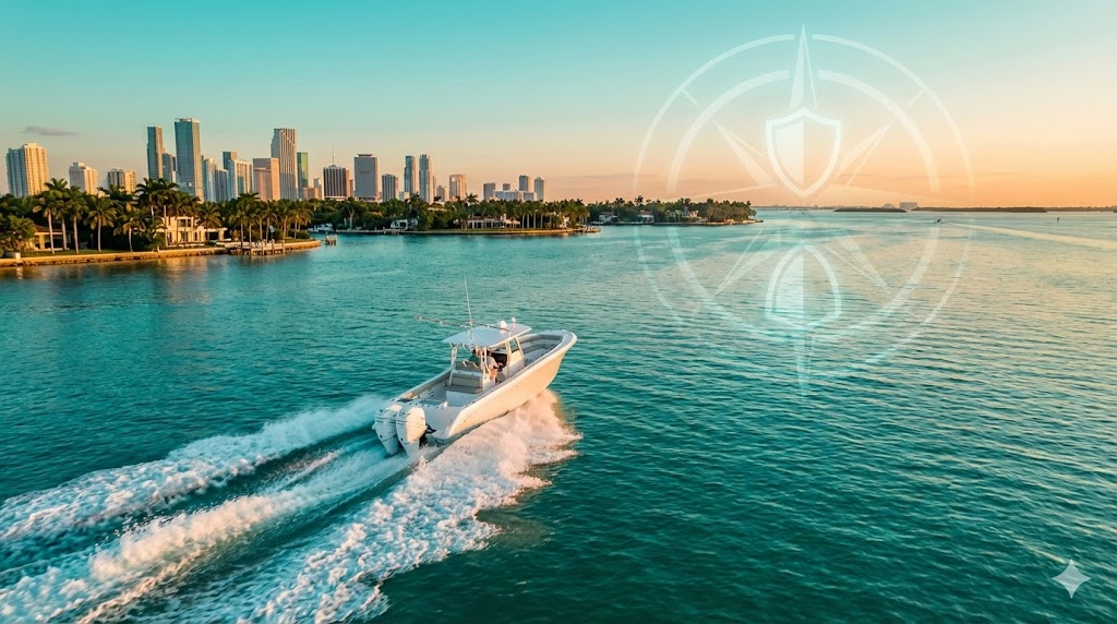 Sport fishing boat cruising turquoise water