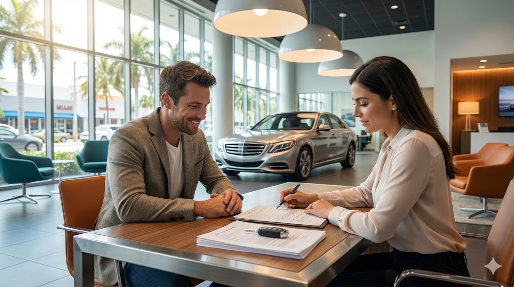 Modern sedan driving through Miami streets
